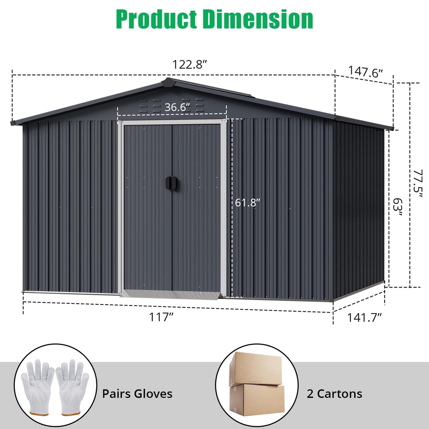 10x12 FT Outdoor Metal Storage Shed with Lockable Door - Large Waterproof Galvanized Steel Shed, Pitched Roof & Vents for Tools, Lawn Mower, Bike, Garbage Cans, Backyard, Garden (Grey)