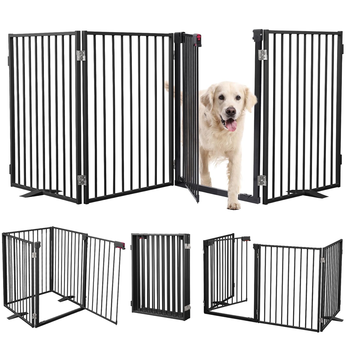 Metal Freestanding Dog Gates with Door,Extra Wide 24", 32" Height Foldable Dog Fence for Indoor & Outdoor, Heavy Duty Freestanding Pet Barrier for Stairs, Doorways, Halls, Kitchen,Yard,Christmas Tree
