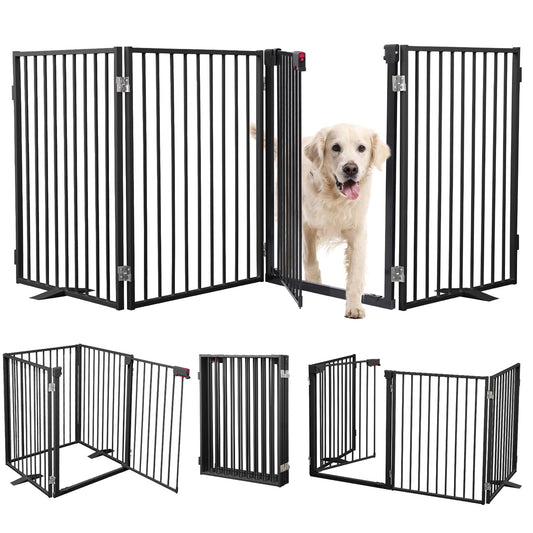 Metal Freestanding Dog Gates with Door,Extra Wide 24", 32" Height Foldable Dog Fence for Indoor & Outdoor, Heavy Duty Freestanding Pet Barrier for Stairs, Doorways, Halls, Kitchen,Yard,Christmas Tree