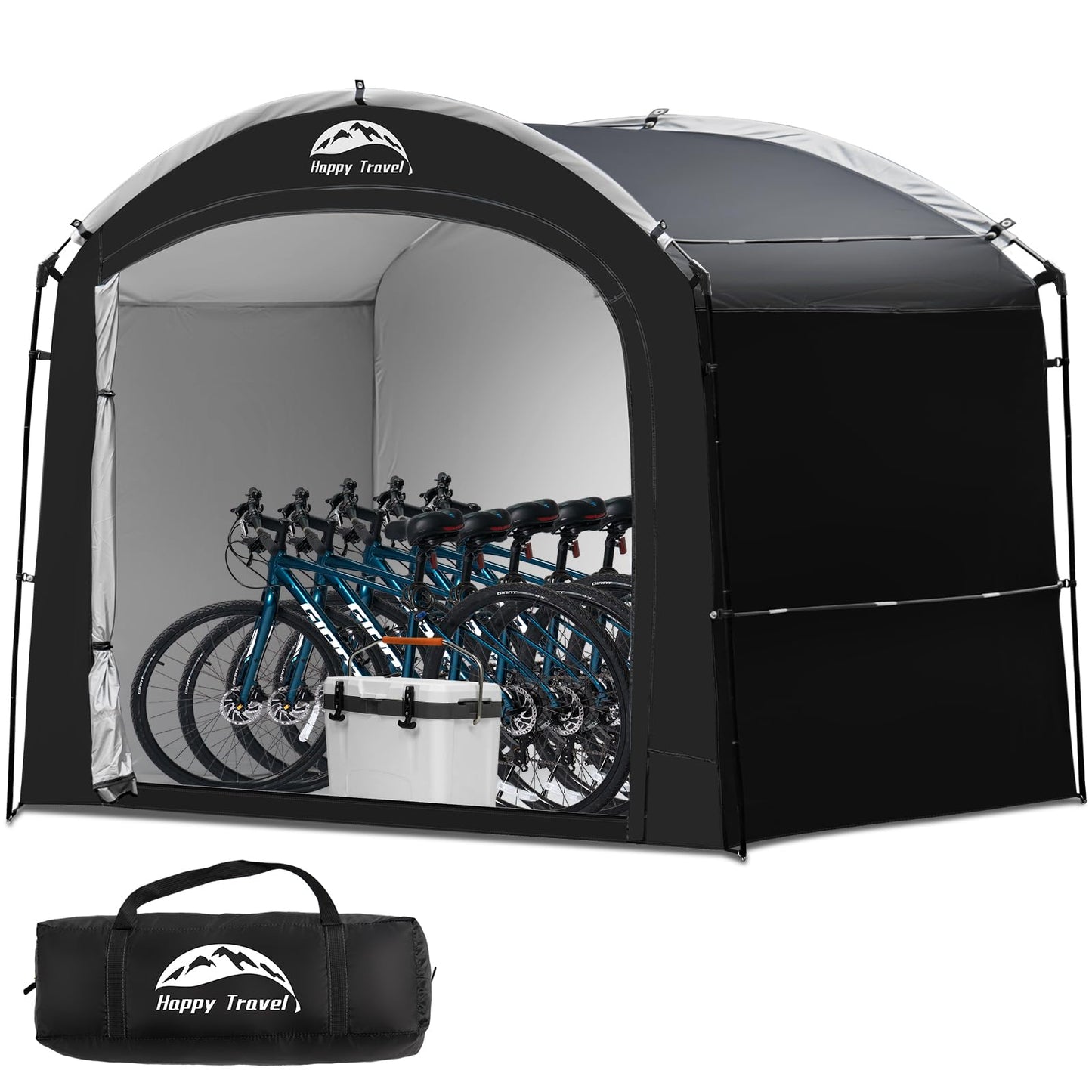 Happy Travel Bike Storage Shed Tent, Waterproof Portable Bicycle Cover with 30% More Top Storage Space for 2/3/4/5 Bikes,Clips Easy Setup Outdoor Sheds Shelter for Motorcycle, Garden Tools, Lawn Mower