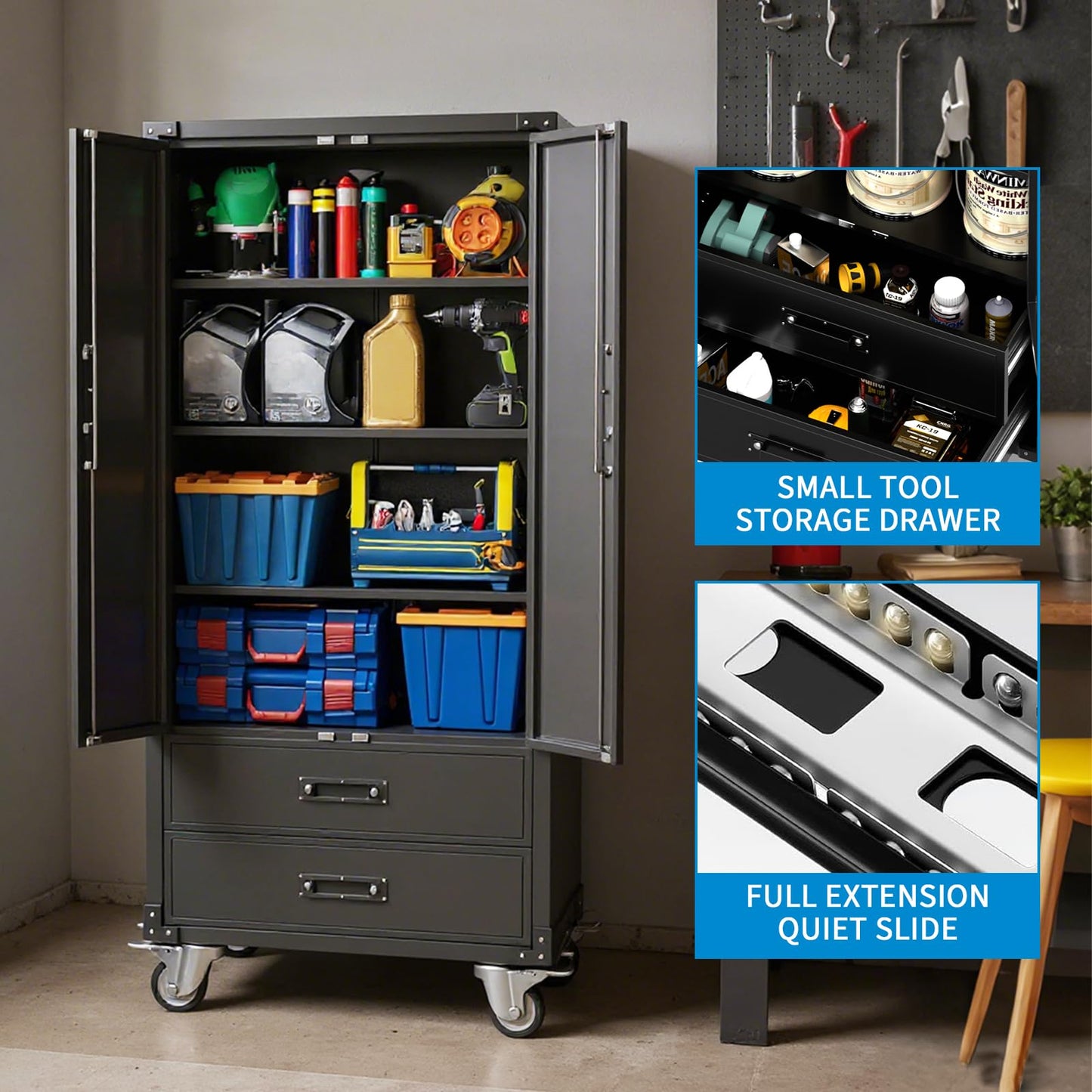 PeacefulHues 67in Garage Storage Cabinet with Door Pegboard,Lockable Metal Storage Cabinet with Adjustable Shelves, Heavy Duty Rolling Storage Cabinet for Garage Home,Required Assembly,Black