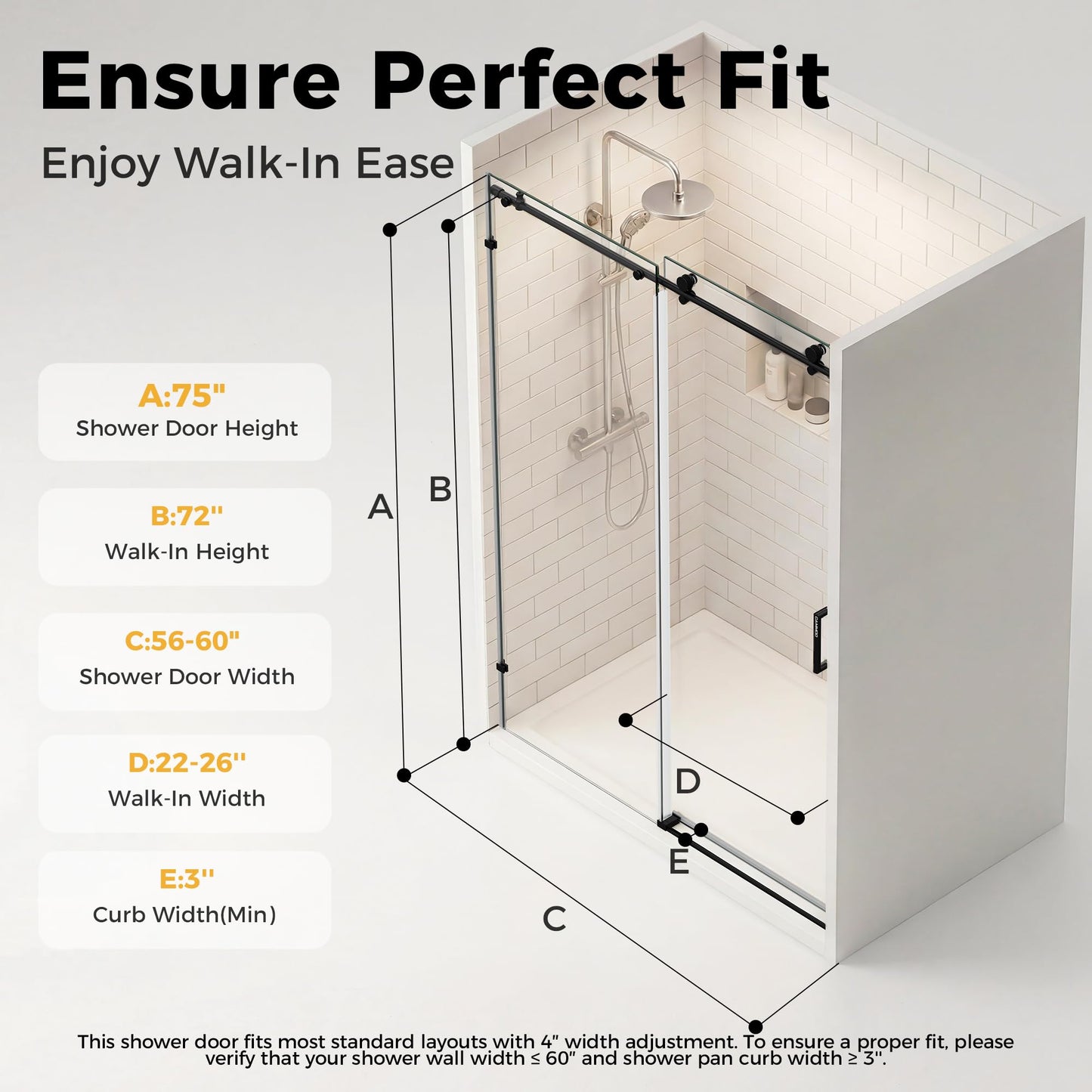 CAMMOO 56-60" W x 75" H Frameless Shower Door, Magnetic Sliding Glass Shower Door, 5/16"(8mm) Thick Tempered Glass, Leak-Proof Seals, Stainless Steel Hardware, Easy-Clean Nano Coating, Matte Black