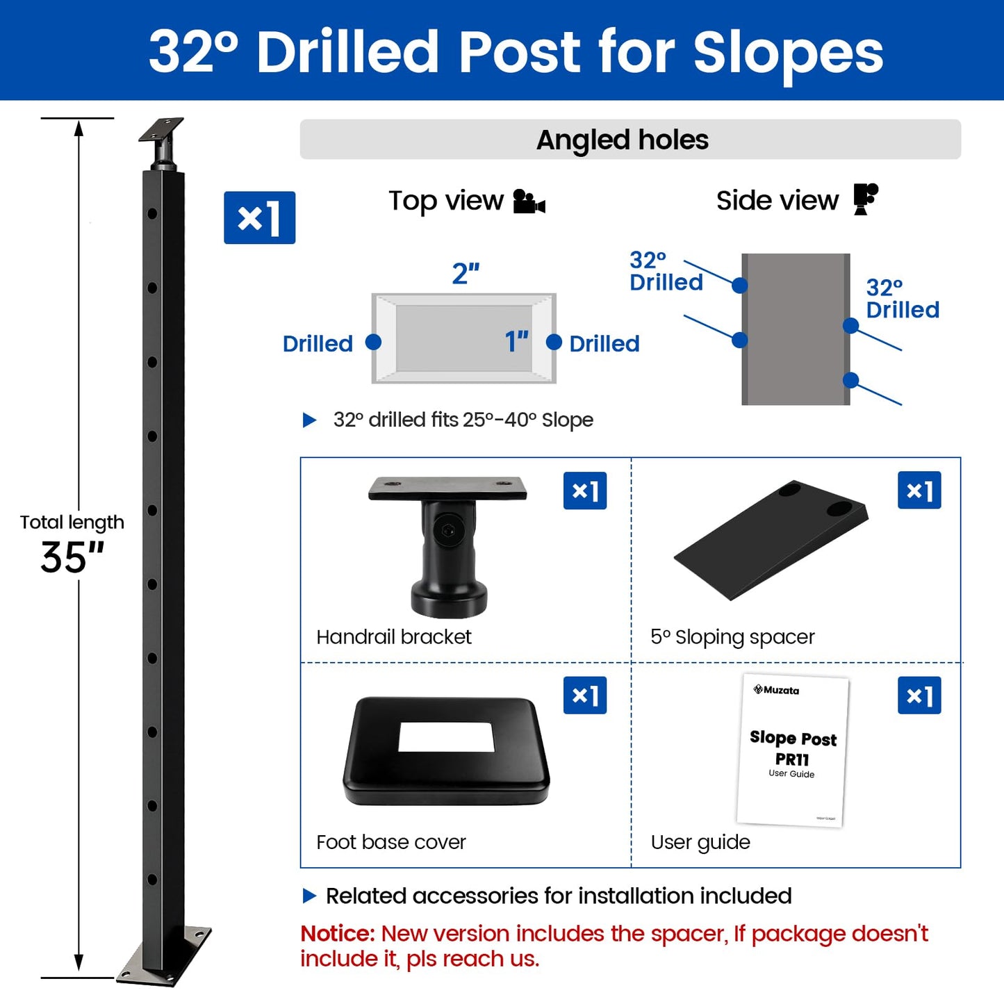 Muzata Black Slope Cable Railing Post 36 Inch for 25-40 Degrees Slope 36"x1"x2" T304 Stainless Steel Cable Railing System Kit Indoor Outdoor with User Guide and 5 Degree Spacer PR11 BA4S