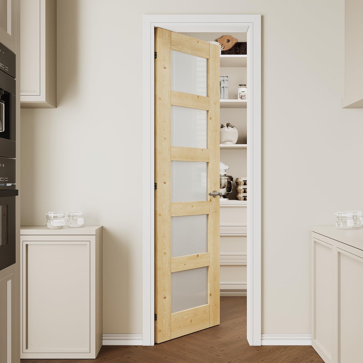 CRUTOP 24"x80" 5 Lite Frosted Glass Interior Door Slab Shaker, Pre-Built Panel for Barn Doors, Pocket Doors, French Door, Pantry, Bedroom, Closet, Laundry & Bathroom, Solid Knotty Pine Wood
