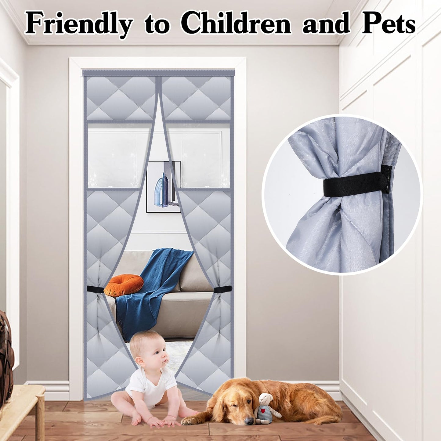 Magnetic Thermal Insulated Door Curtain with Detachable Visible Windows, Thicken Polyester Fiberfill & Durable Oxford Fabric, Hands Free Windproof Door Screen