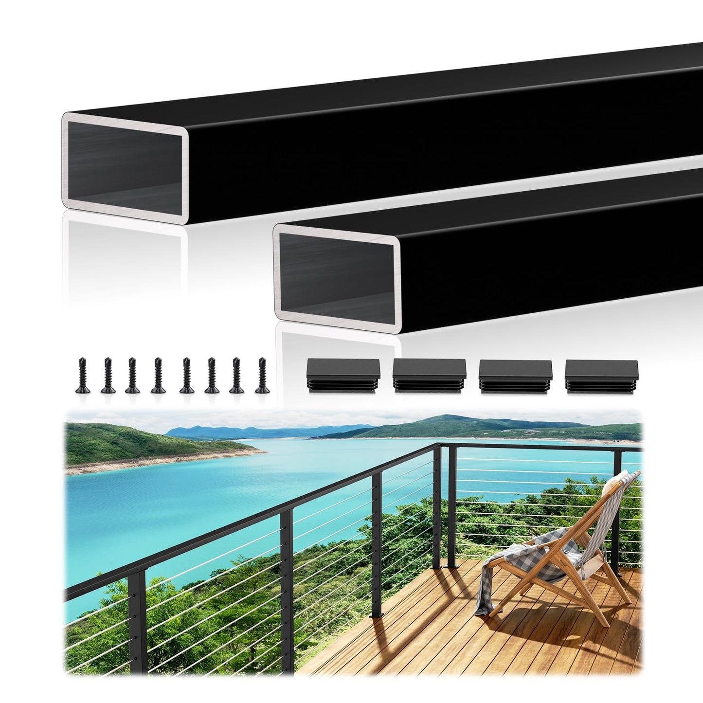 2 Pack 10FTx 2-3/8"x1-3/16 Aluminum Black Handrail with Self Drilling Screws Nylon End Caps, AAMA 2604 Coating, 3mm Thick Flat Handrail Cuttable Top Rail for Deck Stair Railing Indoor Outdoor