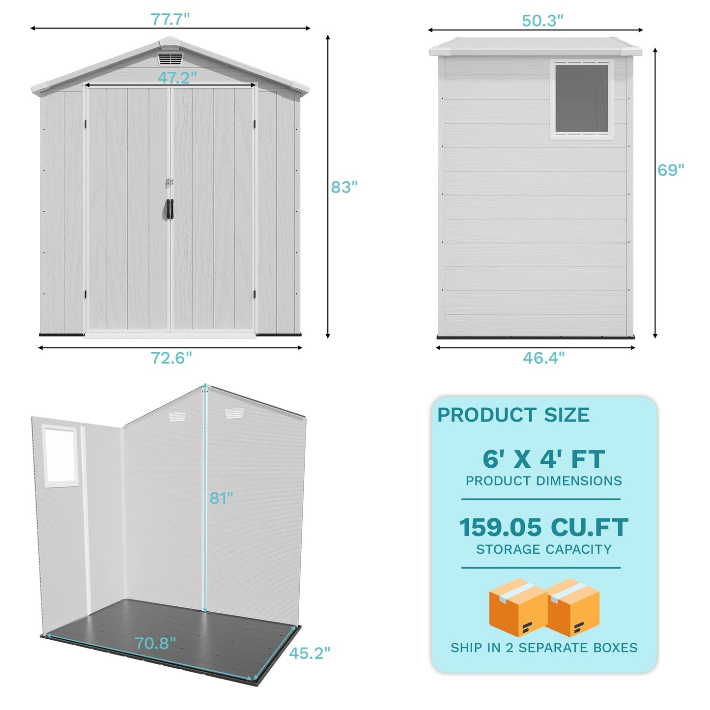 Devoko 6x4 FT Plastic Storage Shed, Outdoor Resin Garden Shed with Floor, Durable Tool Storage Shed with Lockable Door and Window for Patio, Garden, Backyard, Light Gray