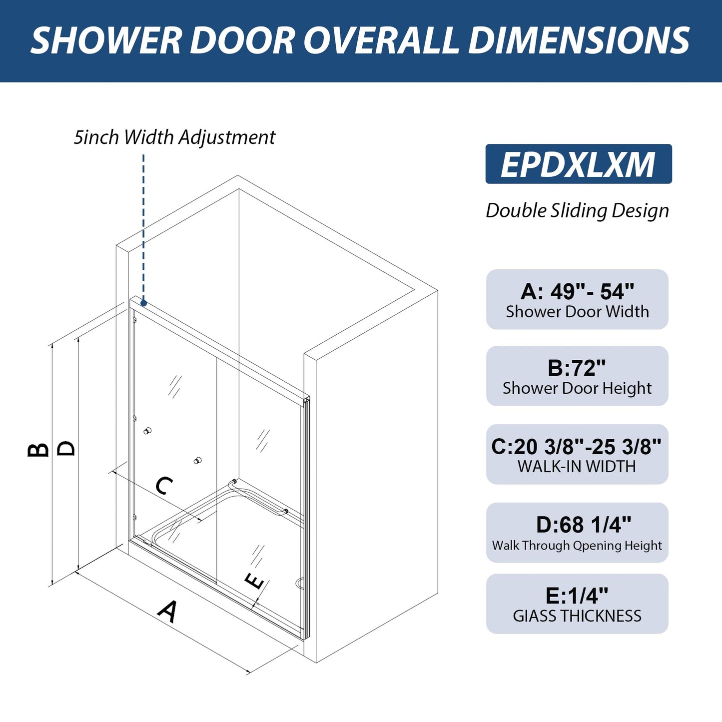 Double Sliding Shower Door 49"-54" W x 72" H with Nano Anti-Explosion Safety Film, 1/4" (6mm) Frosted Ultra-Clear Tempered Glass Semi-Frameless Bypass Shower Glass Doors,Brushed Nickel