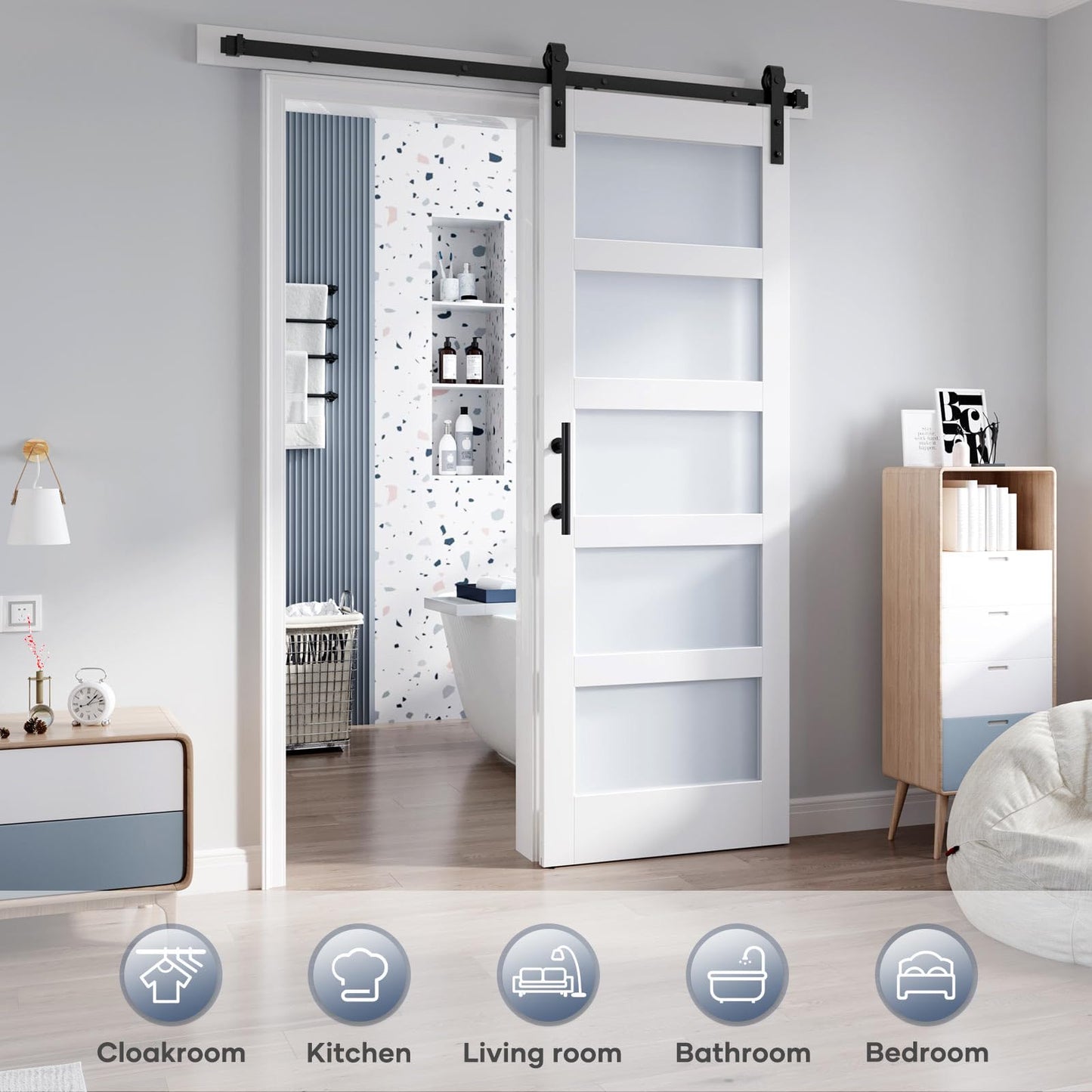 ROYMELO 28x80 Inch Glass Sliding Barn Door Slab and 5ft Hardware Kit Included, 5 Frosted Glass, LVL Wood Panel Covered with White Water-Proof Scratch-Proof PVC Surface, Simple DIY Assembly
