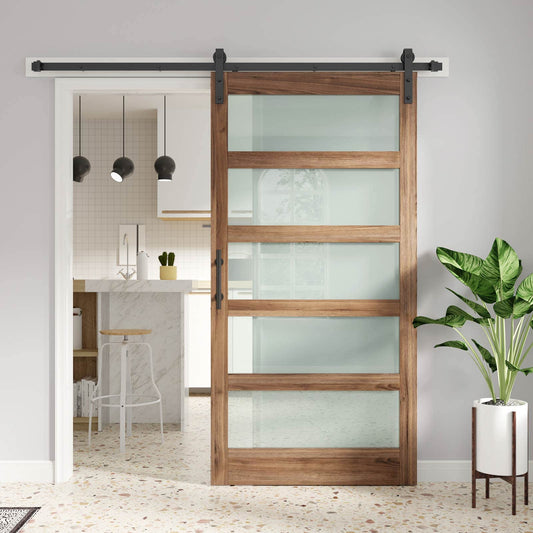 FREDBECK 38 x 80 inch Glass Barn Door with 6.6FT Barn Door Hardware Kit & Handle Included,5-Panel Frosted Glass, Water-Proof Surface,Pre-Drilled Holes,Need Assembly