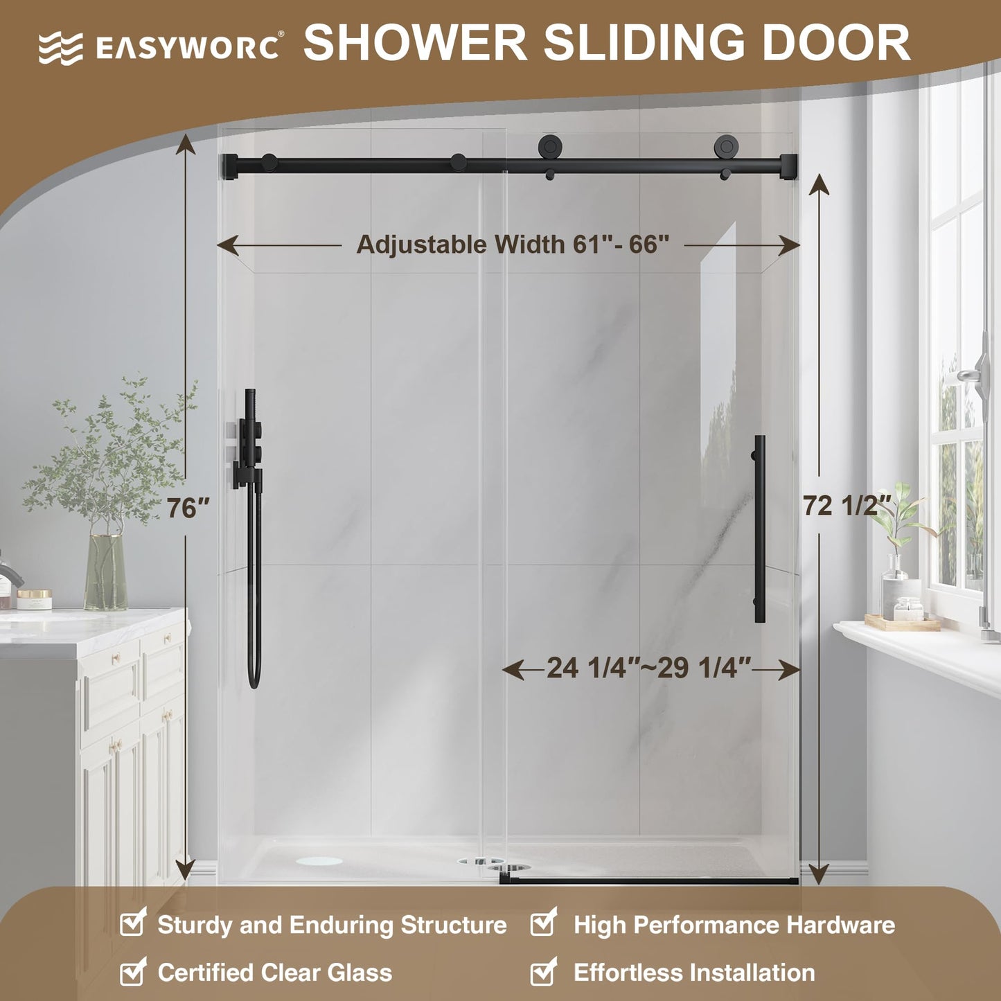 EASYWORC Frameless Glass Shower Door, 61-66" W x 76" H Sliding Frameless Shower Door, 1/4''(6mm) SGCC Tempered Glass, Explosion-Proof Film Nano Coating, Stainless Steel Hardware, Matte Black