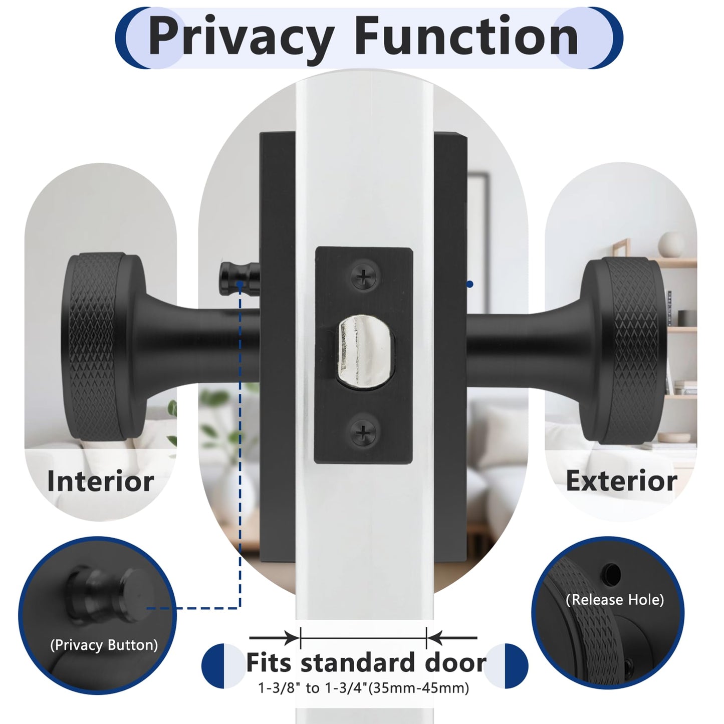 Foswdero Black Door Knob with Lock, Interior Door Knobs with Knurled Texture, Heavy Duty Door Knob Privacy Door Locks for Bedroom (1, Black)
