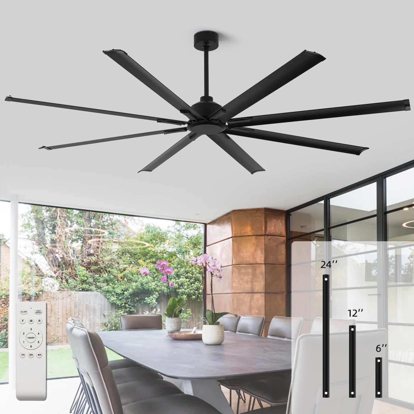 RIENAZA 96 Inch Industrial Ceiling Fans without Lights，Large Ceiling Fan with 8 Reversible Aluminum Blades, 6-Speed Remote Control, Home or Commercial Ceiling Fan for Porch，Garage，Shop