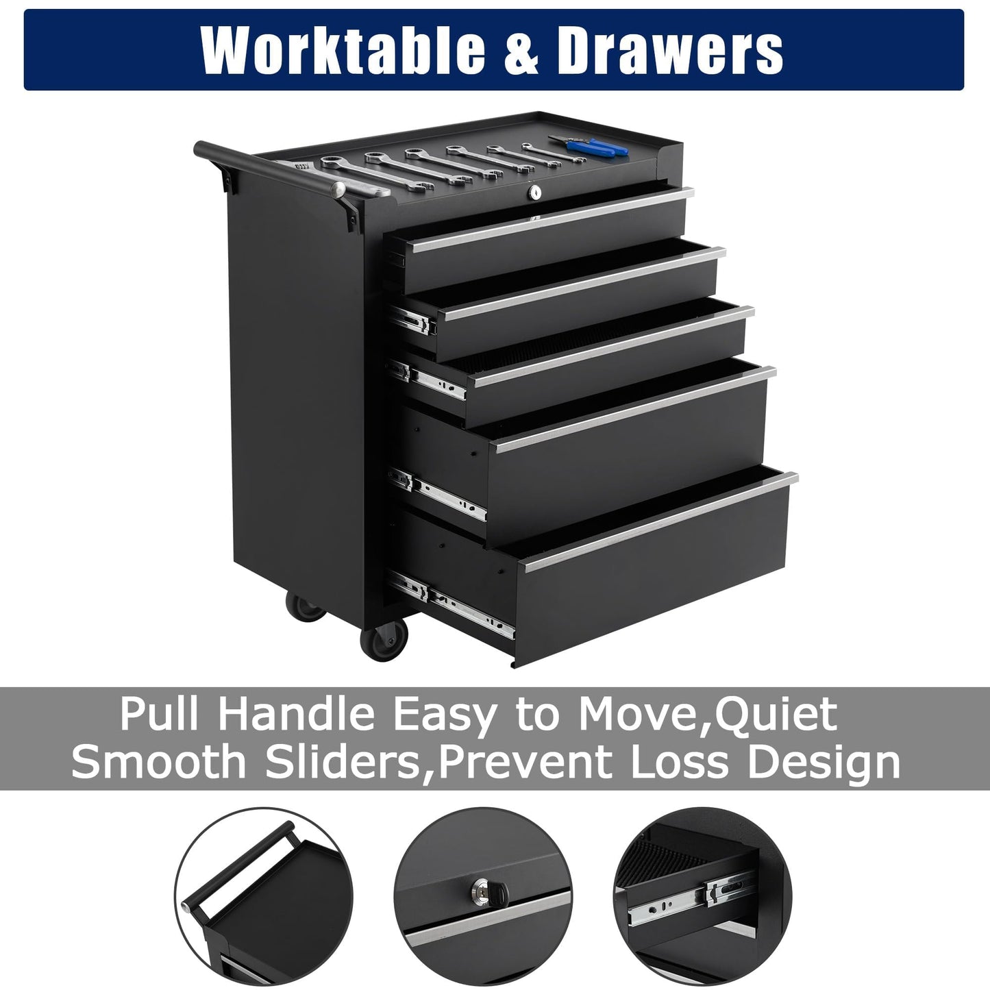 Professional 24 Inch 5-Drawer Tool Chest on Wheels, Constructed with Durable Cold-Rolled Steel, Features 4 Swivel Locking Casters & Full-Extension Drawer Slides, Mobile Tool Storage for Mechanics and