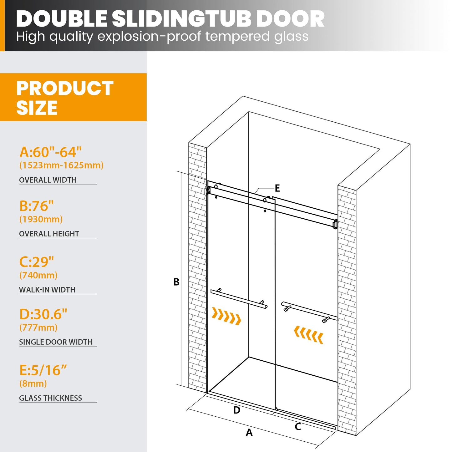 Bathroom Double Sliding Shower Door, 64" W × 76" H Frameless Shower Enclosure with 5/16"(8mm) Clear Tempered Glass Door, Brushed Gold Hardware, for Walk-in Bathroom