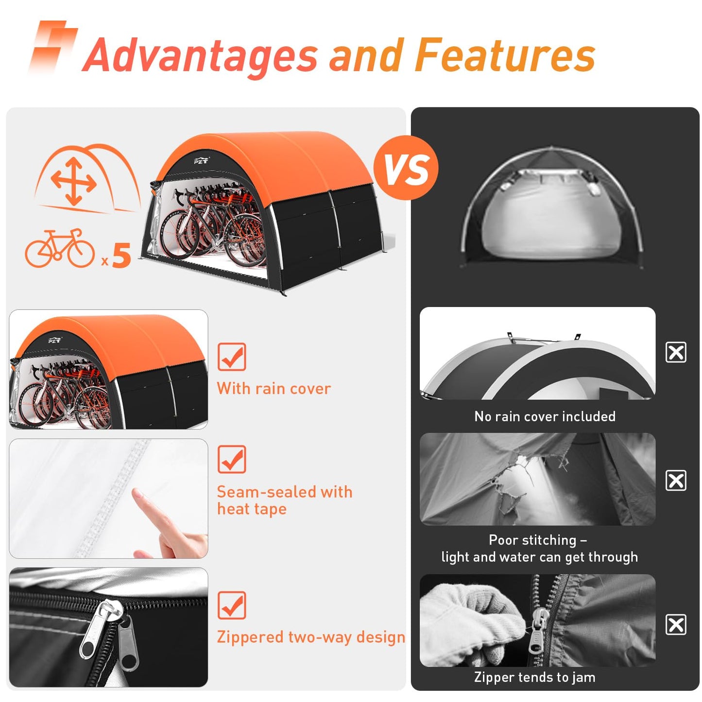 PZT Upgraded Bike Tent with Rain Cover, Portable Outdoor Storage Shed for 8-10 Bikes, 210D Oxford Fabric PU4000 Waterproof, Bike Shed/Bike Cover for Motorcycles, Garden Tools, Lawn Mower