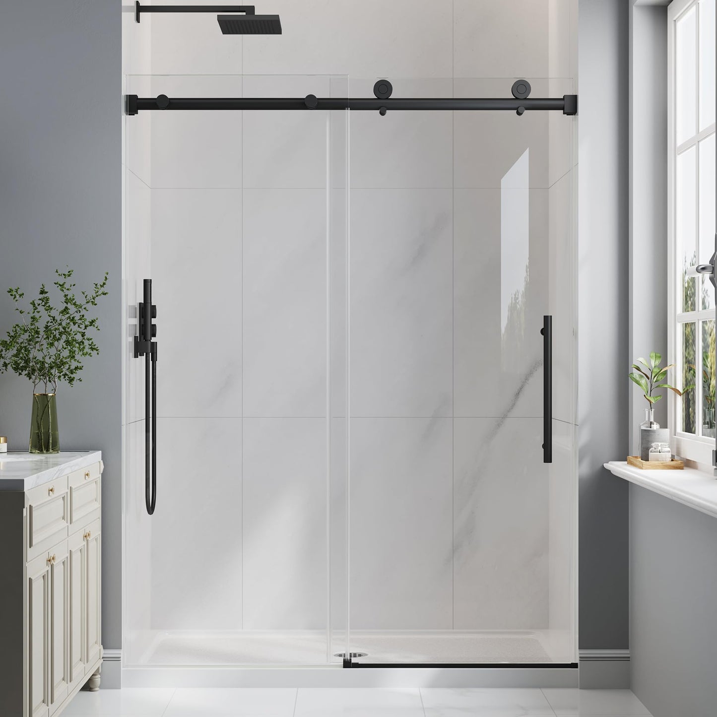 EASYWORC Frameless Glass Shower Door, 43-48" W x 76" H Sliding Frameless Shower Door, 1/4''(6mm) SGCC Tempered Glass, Explosion-Proof Film Nano Coating, Stainless Steel Hardware, Matte Black