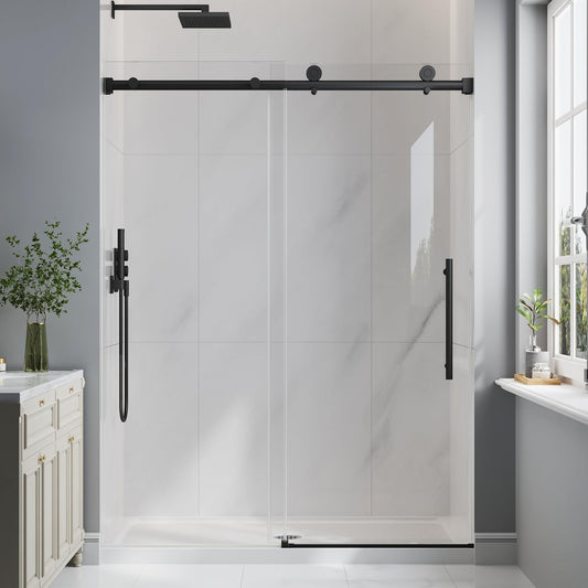 EASYWORC Frameless Glass Shower Door, 61-66" W x 76" H Sliding Frameless Shower Door, 1/4''(6mm) SGCC Tempered Glass, Explosion-Proof Film Nano Coating, Stainless Steel Hardware, Matte Black