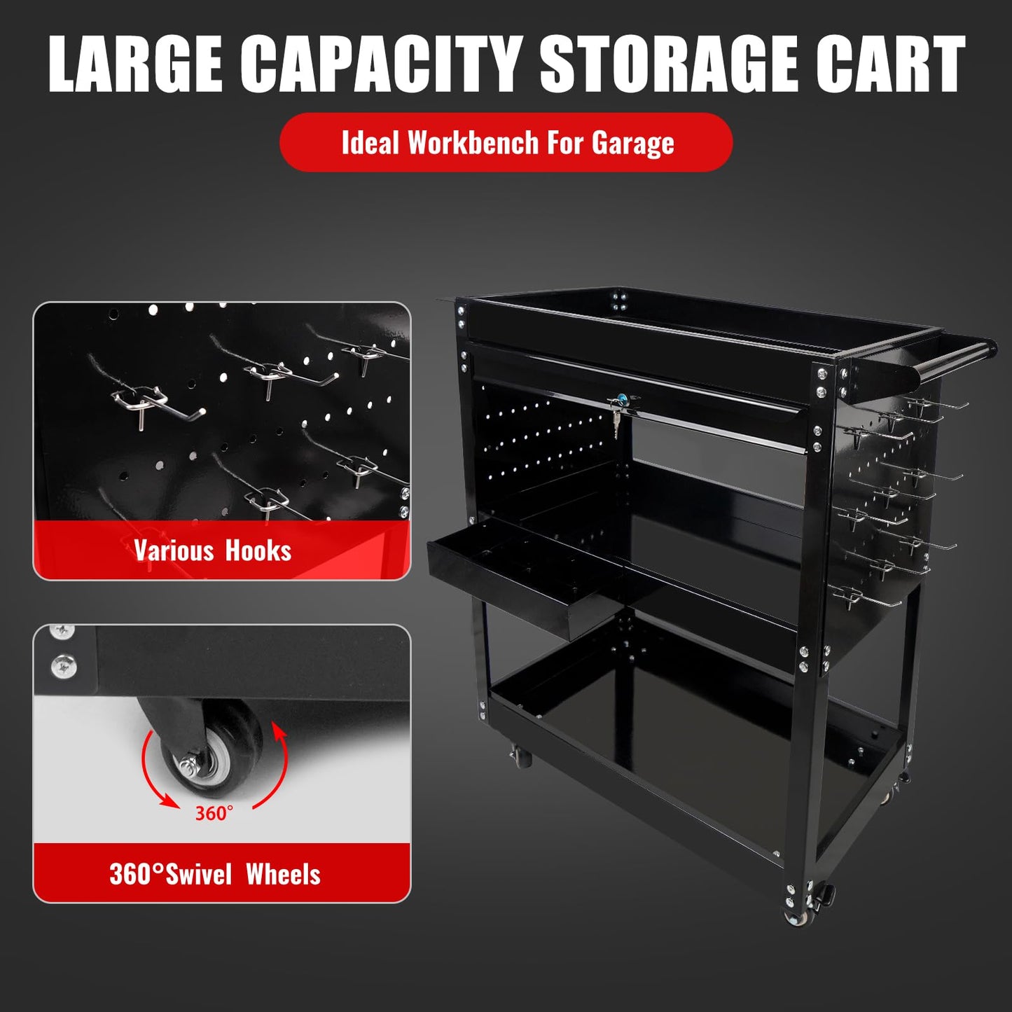 BHB 3 Tier Rolling Tool Cart Box On Wheels with Lockable Drawer, Heavy Duty Capability Tool Cart for Mechanics, Large Storage Organizer Utility Cart, for Garage Warehouse Repair Shop, 350 Lbs Load