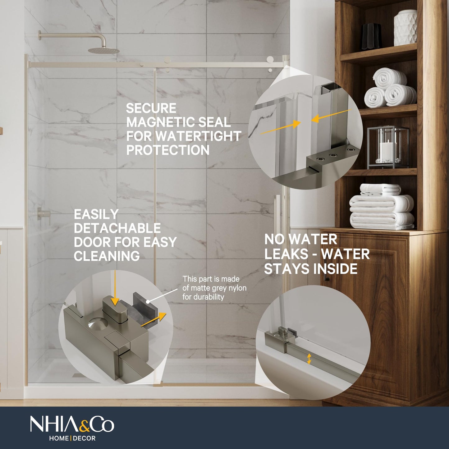 Semi-Frameless Sliding Shower Door – 56-60" x 70”, Tempered Glass Shower Door, Corrosion Resistant Hardware, Smooth Glide Rollers, Reversible Installation, Leak-Proof Magnetic Lock (Brushed Nickel)
