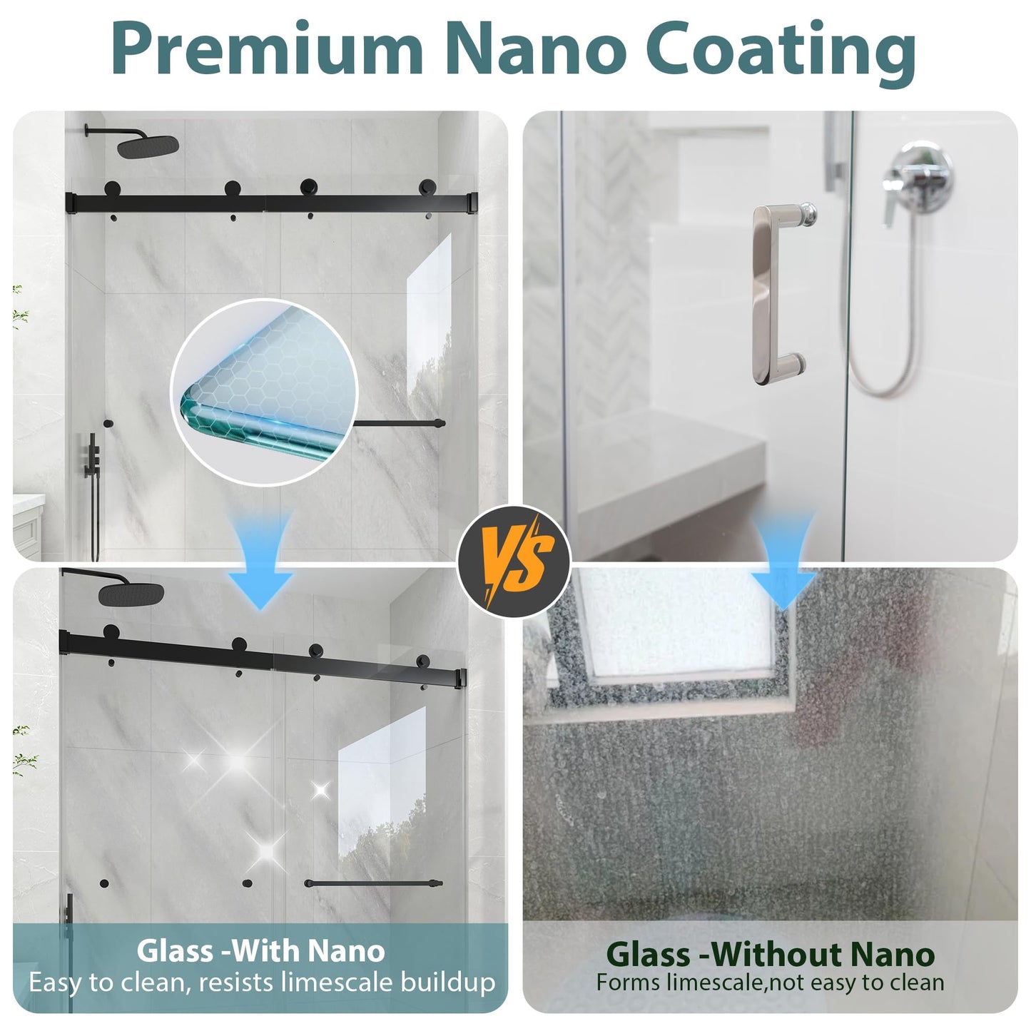 KPUY Frameless Shower Door, 49-54" W x 76" H Double Sliding Glass Shower Door, 1/4" (6mm) Thick Tempered Clear Glass with Explosion-Proof Film Nano Coating, Matte Black