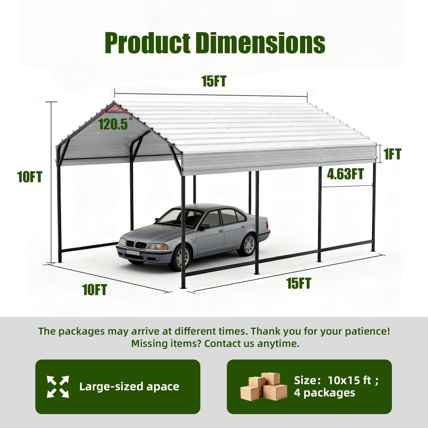 SAILARY Metal Carport 10x15 ft Heavy Duty Car Port Outdoor Canopy Steel Roof All-Weather Multi-Use Garage Shelter for Car, Boat, Tractor and Truck