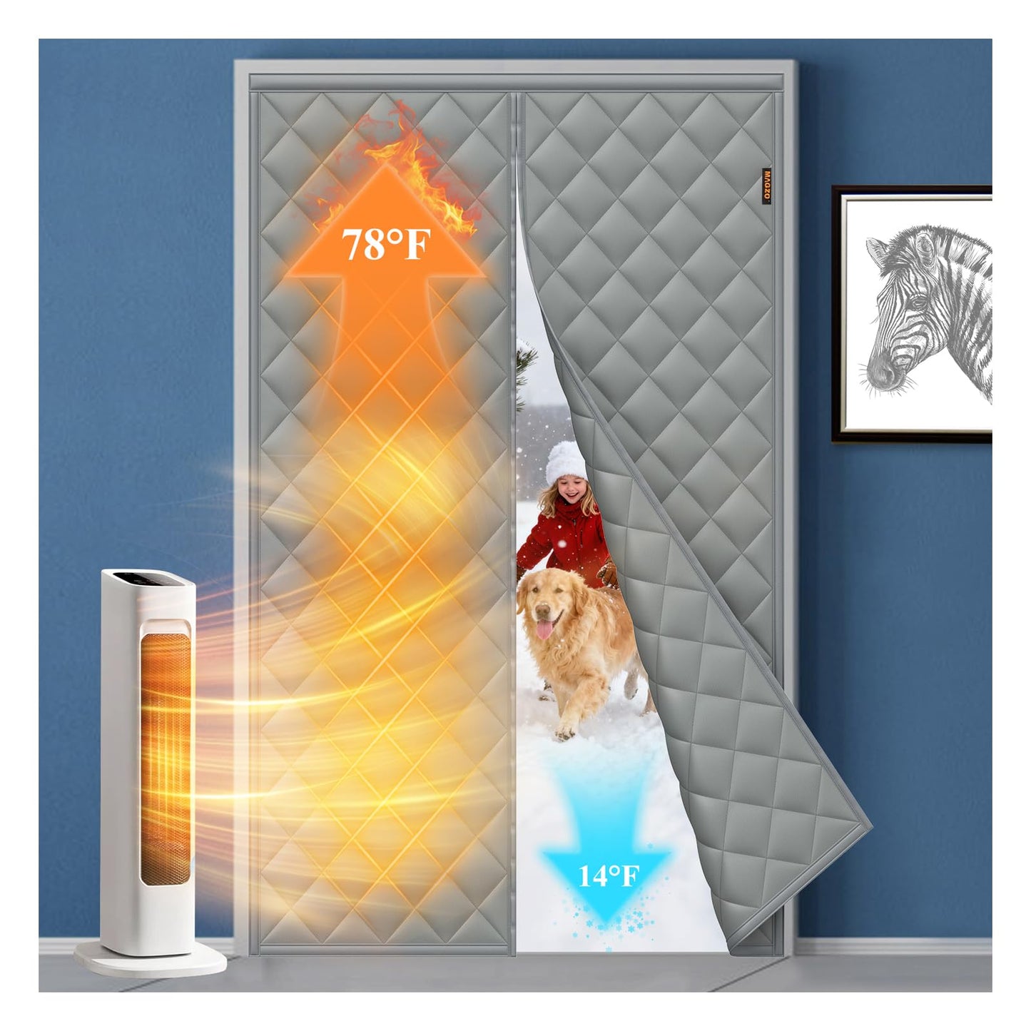 MAGZO Magnetic Thermal Insulated Door Curtain, Fits 32'' x 80'' Door(Curtain Size 34'' x 82''), 5 Layers Oxford&Cotton Cover Blanket Insulation for Winter/Doorway/Attic Doors, Keep Cold Air Out, Grey