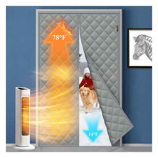 MAGZO Magnetic Thermal Insulated Door Curtain, Fits 32'' x 80'' Door(Curtain Size 34'' x 82''), 5 Layers Oxford&Cotton Cover Blanket Insulation for Winter/Doorway/Attic Doors, Keep Cold Air Out, Grey