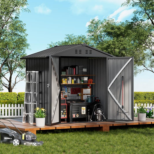 COMHOMA Shed Outdoor Storage Shed Metal,Lockable Doors Tool Sheds with Sloping Roof,Steel Garden Shed with Air Vent for Backyard,Patio,Lawn,Poolside(Grey,6'x4')