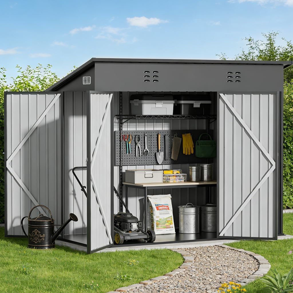 COMHOMA Shed Storage Outdoor Metal Windowed Lockable Weatherproof Ventilated Backyard Garden Utility Workshop(Grey,8'*4')