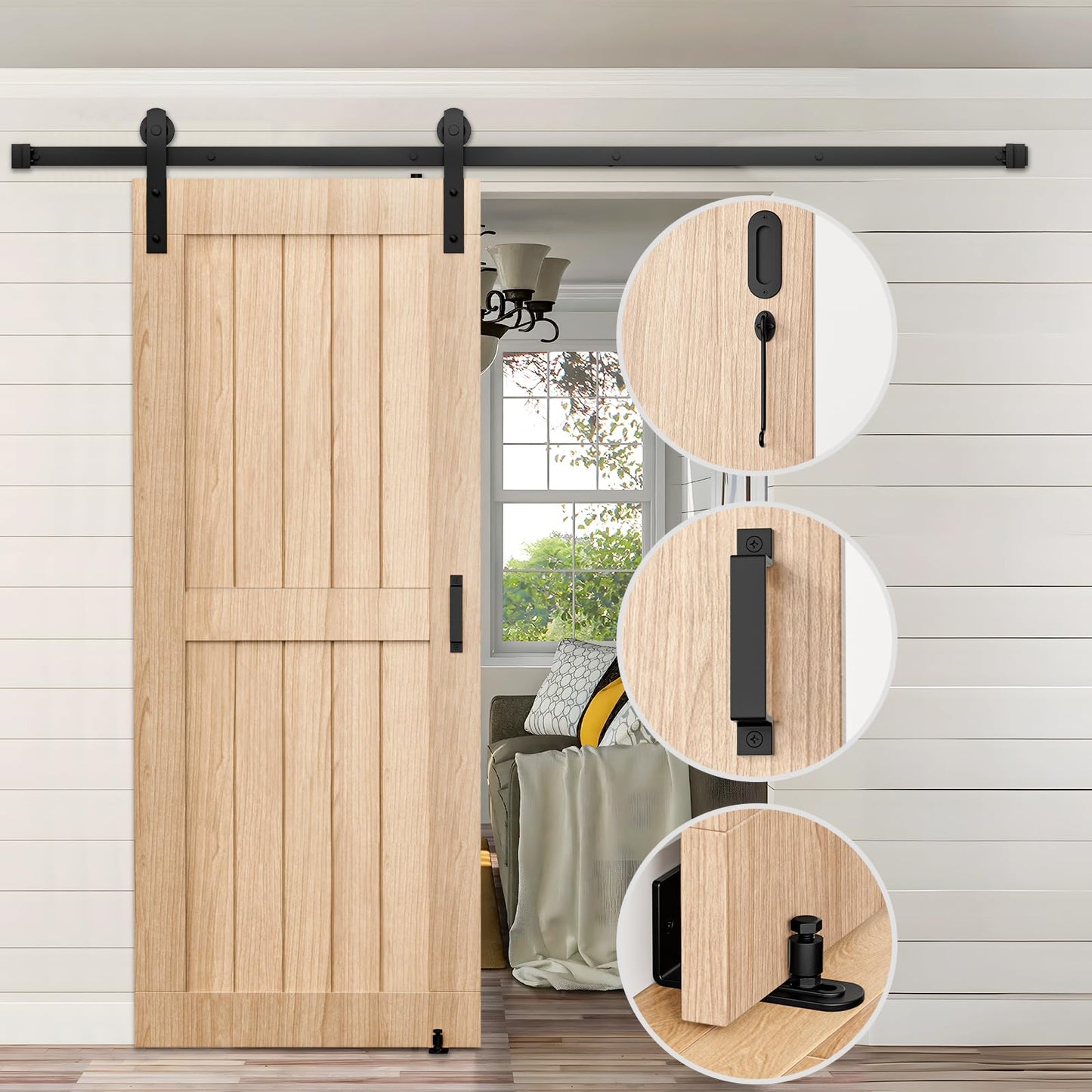 Signstek 8FT Sliding Barn Door Hardware Kit Heavy Duty with Door Hook, Adjustable Floor Guide and 2 Handles -Easy to Install, Smoothly and Quietly, Fit 1 3/8-1 3/4" Thickness -Black, I Shape Hanger