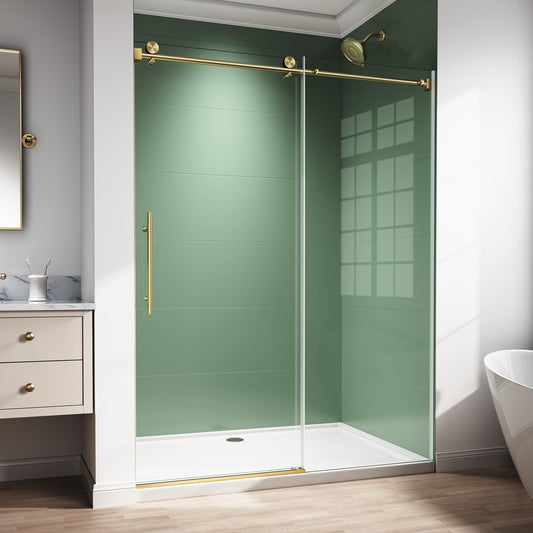 56-60" W x 76" H Frameless Sliding Shower Door, 5/16" (8mm) Clear Tempered Glass with Easy-Clean Coating, Sliding Glass Shower Door for Bathroom, Stainless Steel Hardware (Brushed Gold, 60" W x 76" H)