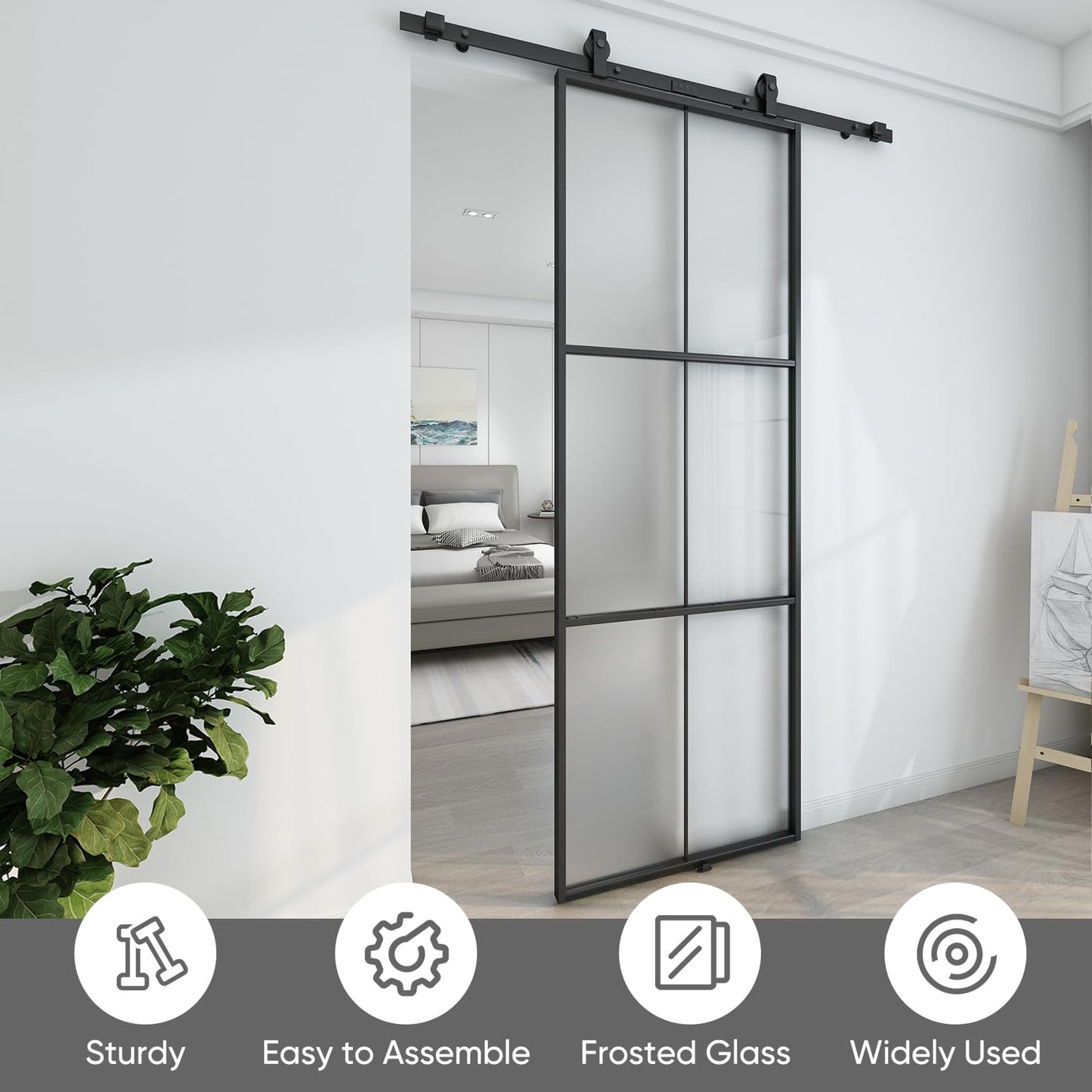 Barnsmith 36in x 84in Aluminum Glass Barn Door Panel - DIY Frosted Tempered Glass Door Slab - Easy Assembly
