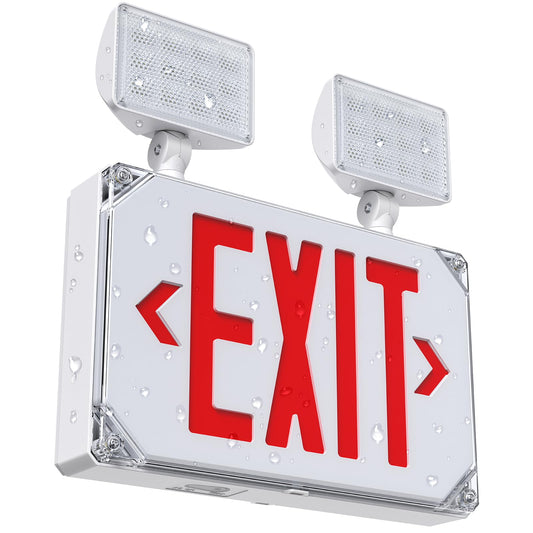 Wet Location Emergency Exit Signs with Adjustable Lights Battery Backup, UL Listed Double Face Exterior Led Exit Sign Combo, Hardwired Waterproof Red Exit Light, AC 120/277V, Wall/Side Mount (1 Pack)