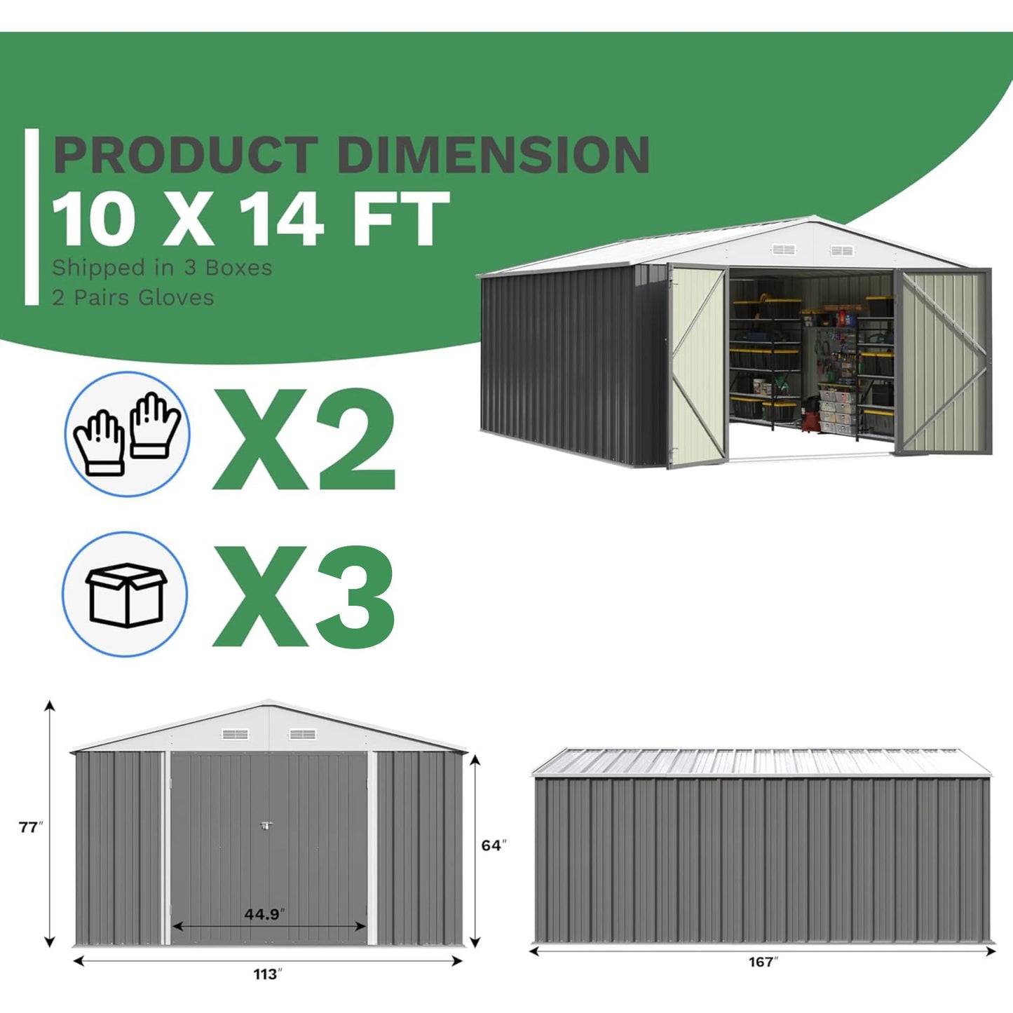 Patiowell 10x14 FT Outdoor Storage Shed, Large Metal Garden Shed with Lockable Door and Sloping Roof, Outside Steel Utility Tool Sheds for Backyard Lawn Garden Patio, Grey