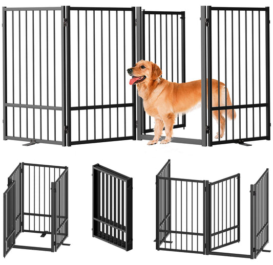 SNUOWU Full Metal Freestanding Dog Gate with Door, 32''Height Foldable Pet Dog Fence for Indoor & Outdoor, 4 Panels Extra Wide Free Standing TallDog Gates for Doorways,House,Stairs,Porch,Deck,Yard