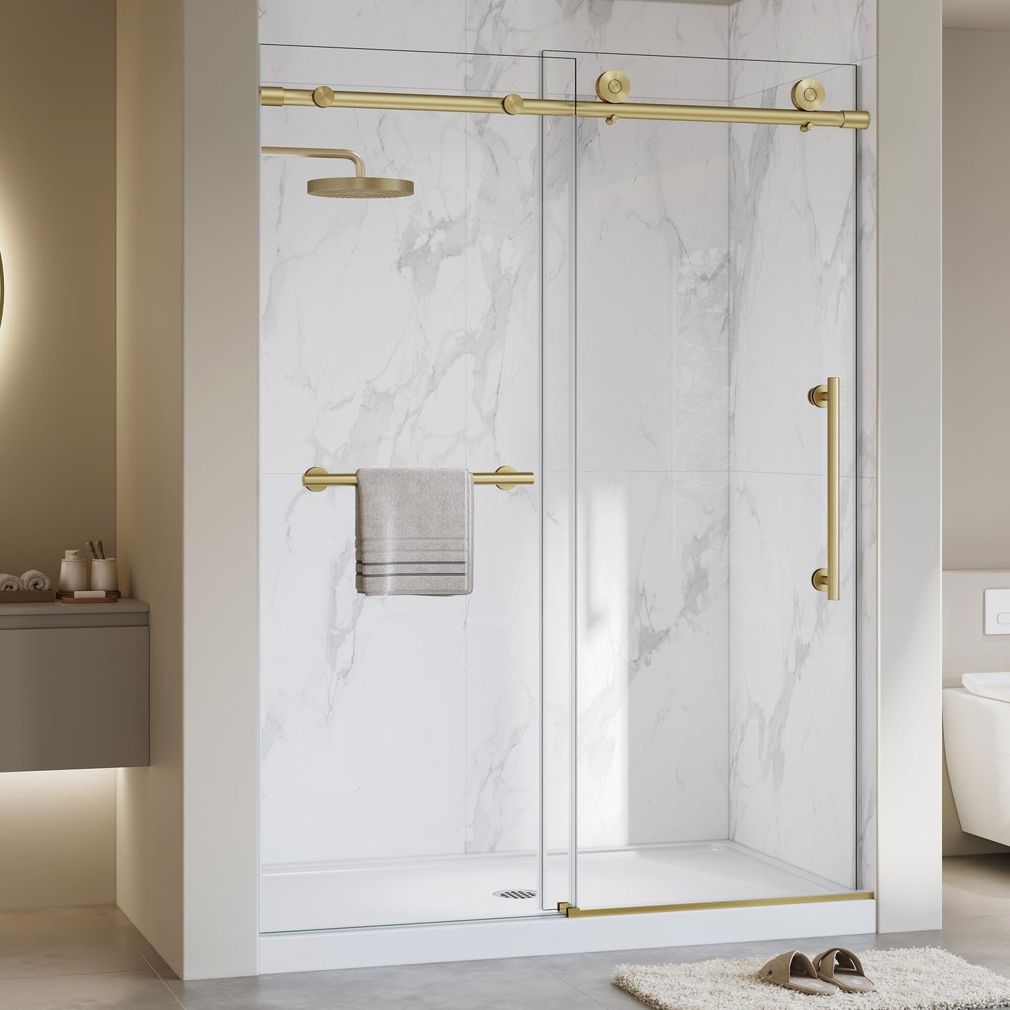 Frameless Shower Door,5/16" (8mm) Glass Sliding Shower Door with Soft-Close & Anti-Leak,Nano Coating Anti-Explosion Film SGCC Tempered Glass 55"-60" X 76"H,Brushed Gold