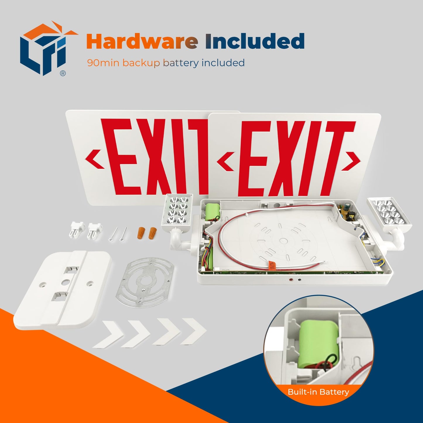 LFI Lights® Thin COMBO UL 924 Listed, Red LED, Exit Sign with Emergency Lights, White, 120-277VAC Hardwired with Battery Backup, Optional Double Face and Knock Out Arrows COMBOTRWBB