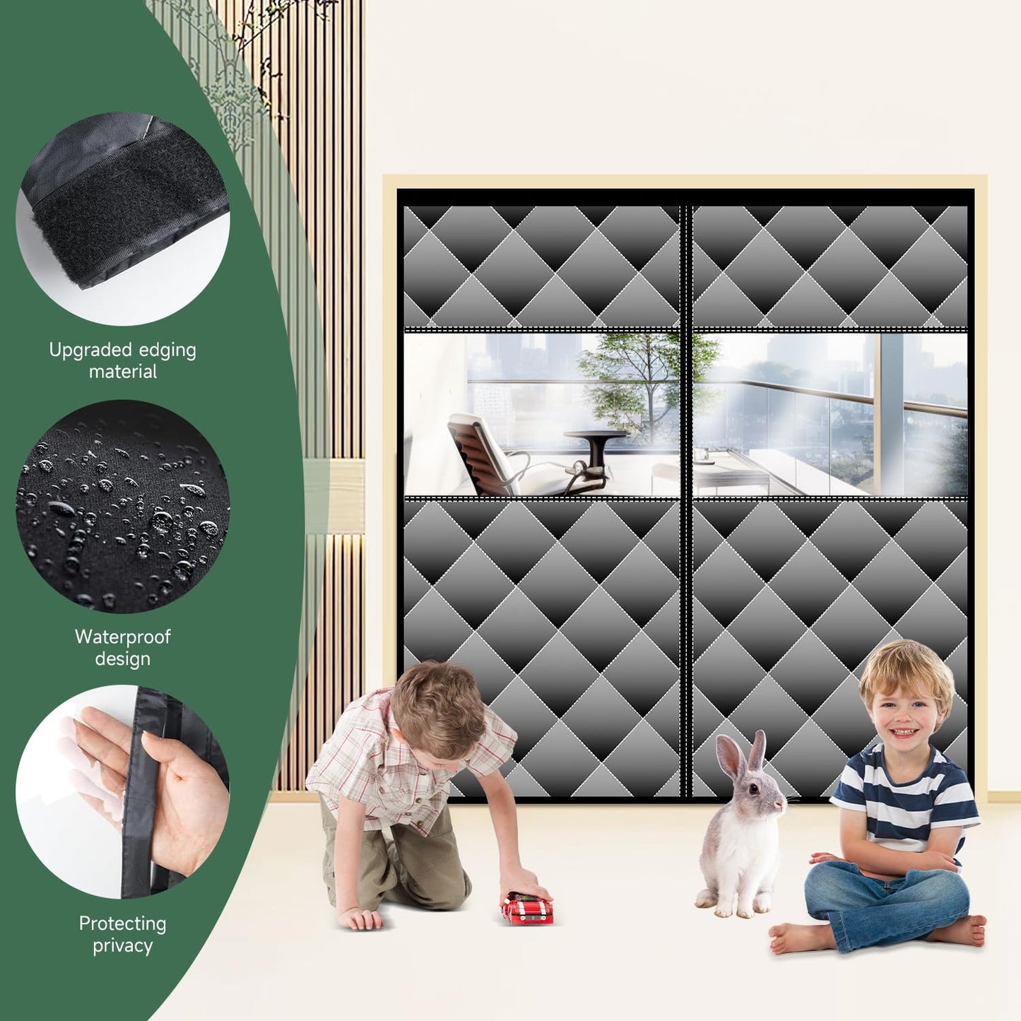 Magnetic Thermal Insulated Door Curtain with Visible Windows, Thicken Polyester Fiberfill & Durable Oxford Fabric, Hands Free Windproof Door Screen, Fit Doors Size Up to 72 x 80 Inch, Black