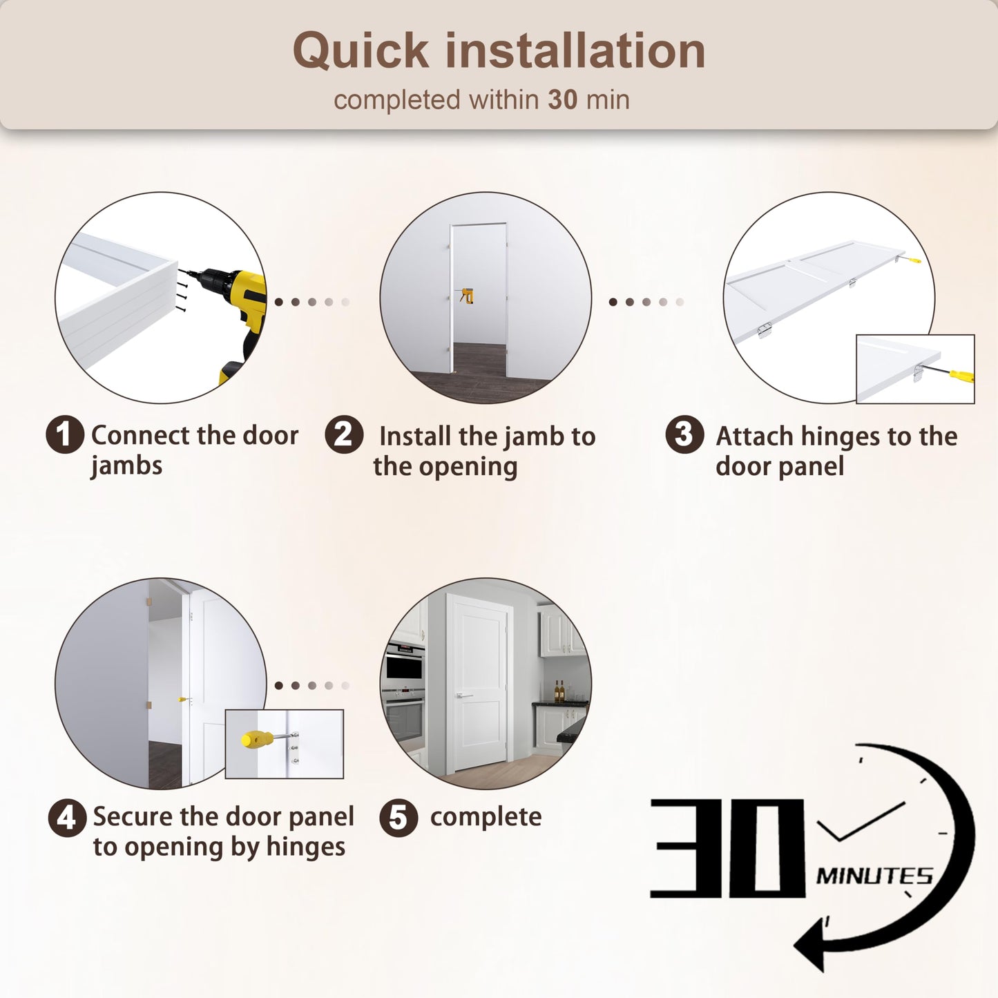 JUBEST 36"x80" Right-Hand Prehung Interior Door with Knock Down Jamb Kit & Satin Nickel Hinges, 2-Panel White Primed Hollow Core Molded Door Slab with Bore & Hinge Cutout, Durable & Sturdy, No Handle