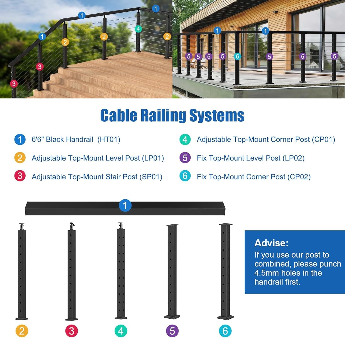 CKE 6'6" Stainless Steel Cable Railing Handrail for Indoor Outdoor Deck Stair Flat Top Rail Cable Railing System, Black Rectangular Handrail Cable Railing Kits with End Caps, HT01