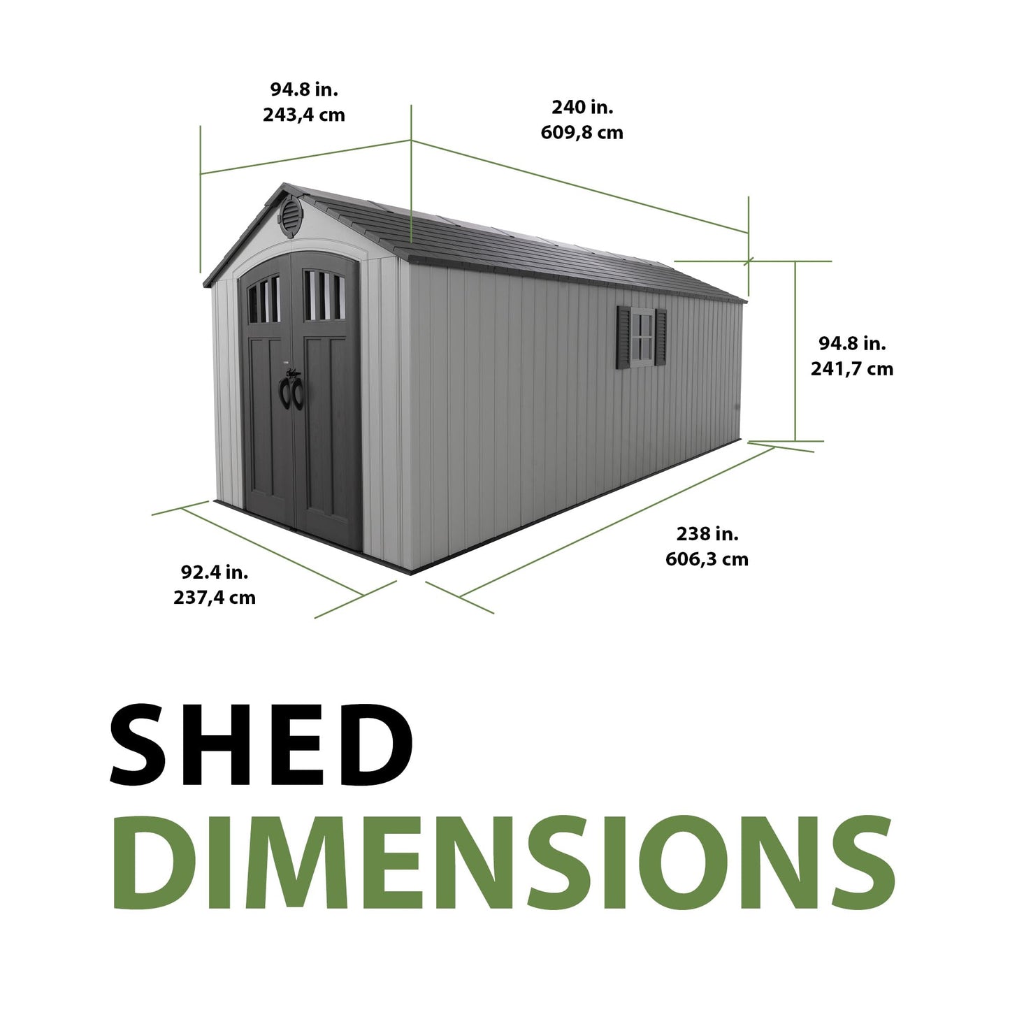 Lifetime Outdoor Storage Shed, 8x20 Ft, Gray, Resin Backyard Tool Shed with Lockable Doors and Weather-Resistant Panels
