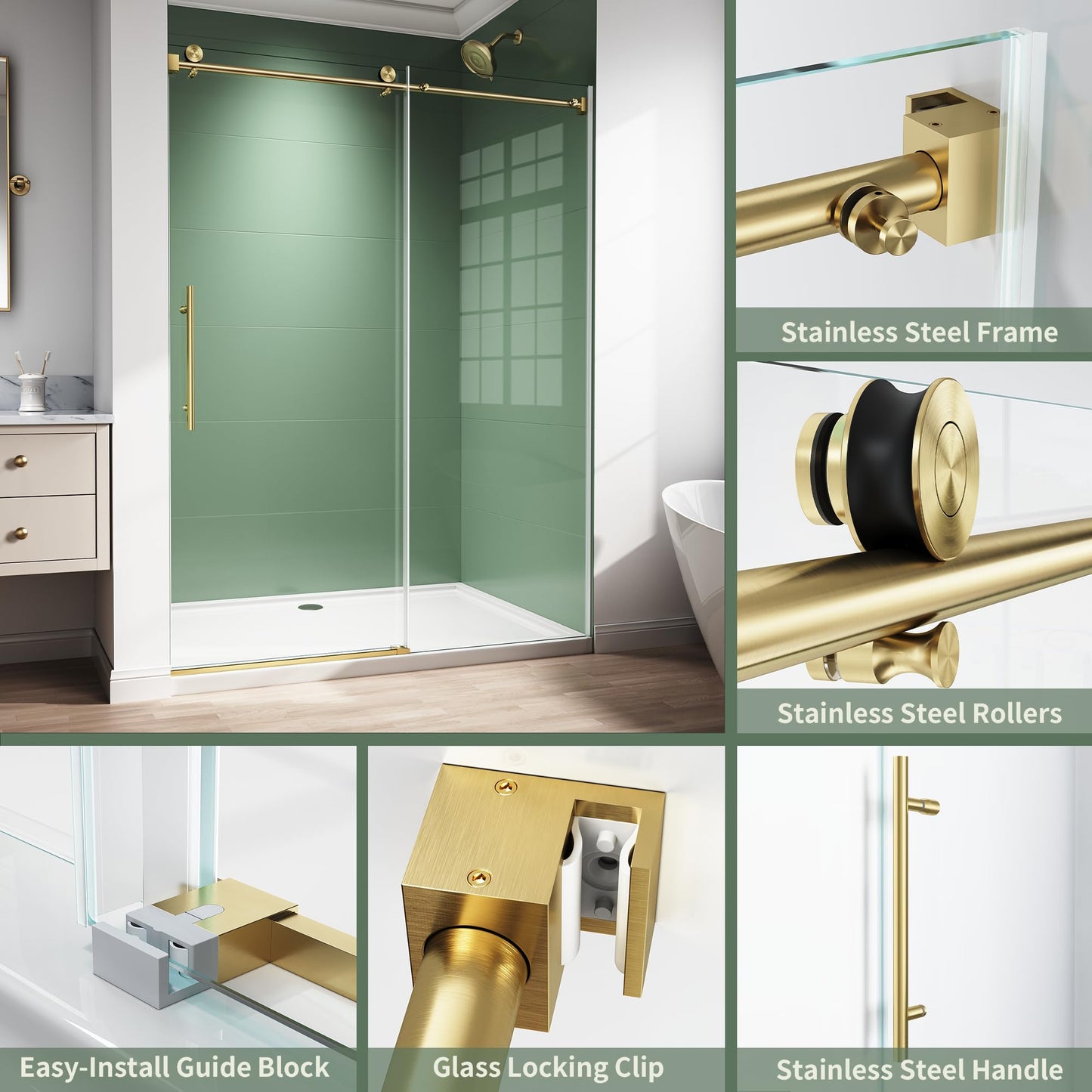 56-60" W x 76" H Frameless Sliding Shower Door, 5/16" (8mm) Clear Tempered Glass with Easy-Clean Coating, Sliding Glass Shower Door for Bathroom, Stainless Steel Hardware (Brushed Gold, 60" W x 76" H)