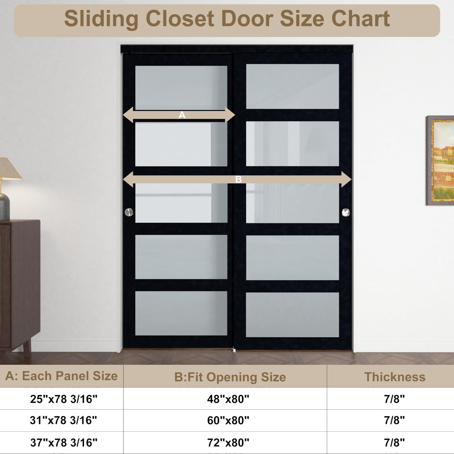 BARNSMITH 48x80 Sliding Closet Door, 5-Panels Preassembled Frosted Glass Door Panel with Hardware Kits & Matching Fascia, MDF Covered with Water-Proof & Anti-Scratch PVC Surface, Black