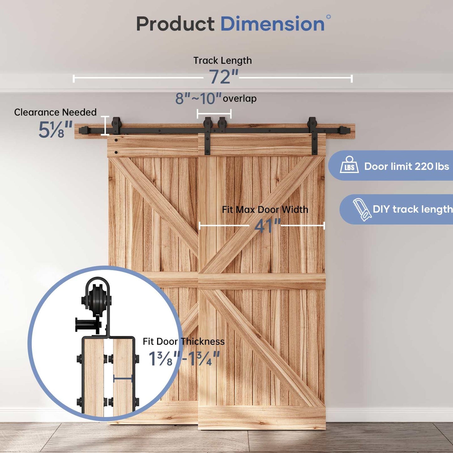 EaseLife 6FT Bypass Double Sliding Barn Door Hardware Kit,Single Track, Slide Smoothly Quietly, Easy Install (6FT Track Kit for Double 41" Wide Door)