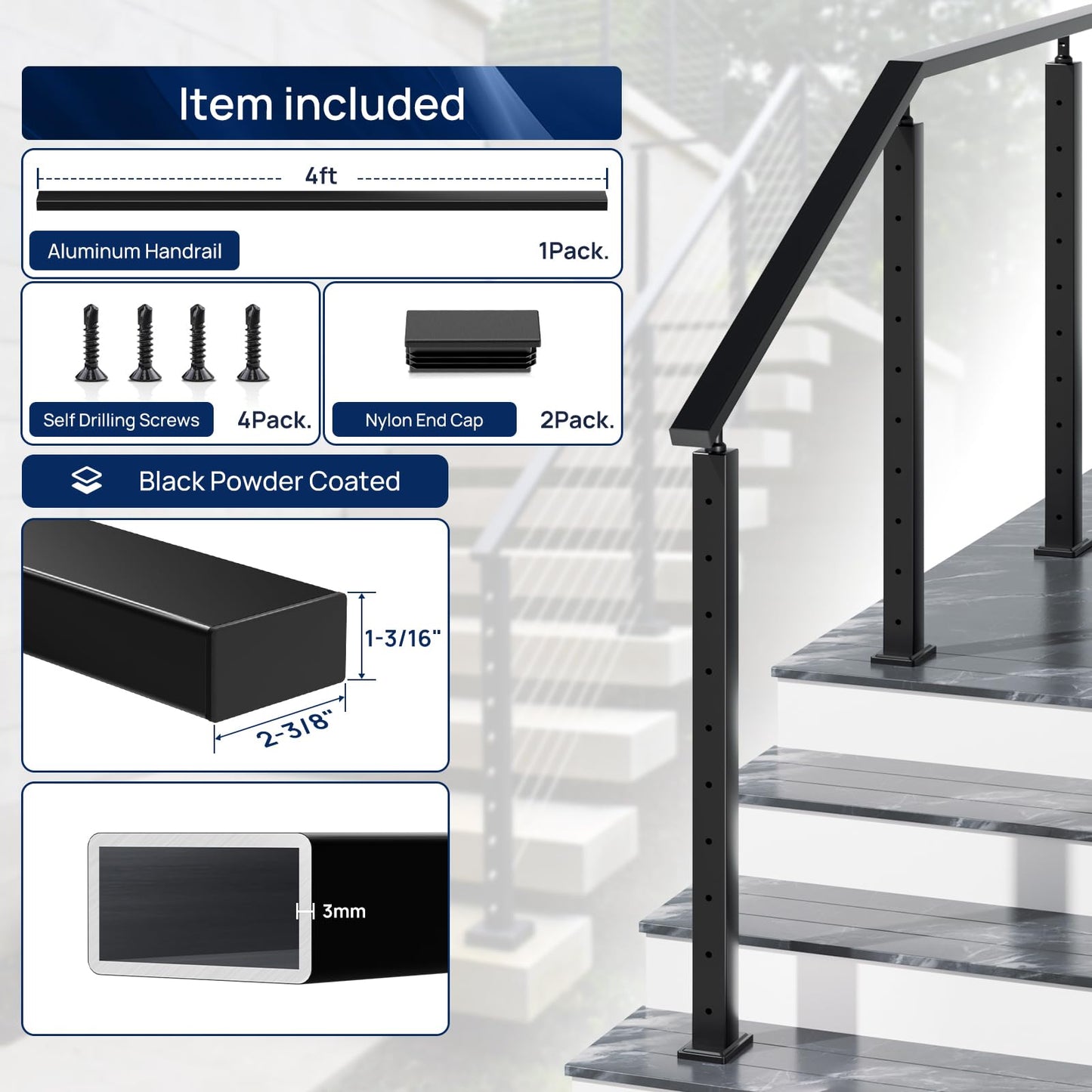 1 Pack 4FTx 2-3/8"x1-3/16 Aluminum Black Handrail with Self Drilling Screws Nylon End Caps, AAMA 2604 Coating, 3mm Thick Flat Handrail Cuttable Top Rail for Deck Stair Railing Indoor Outdoor