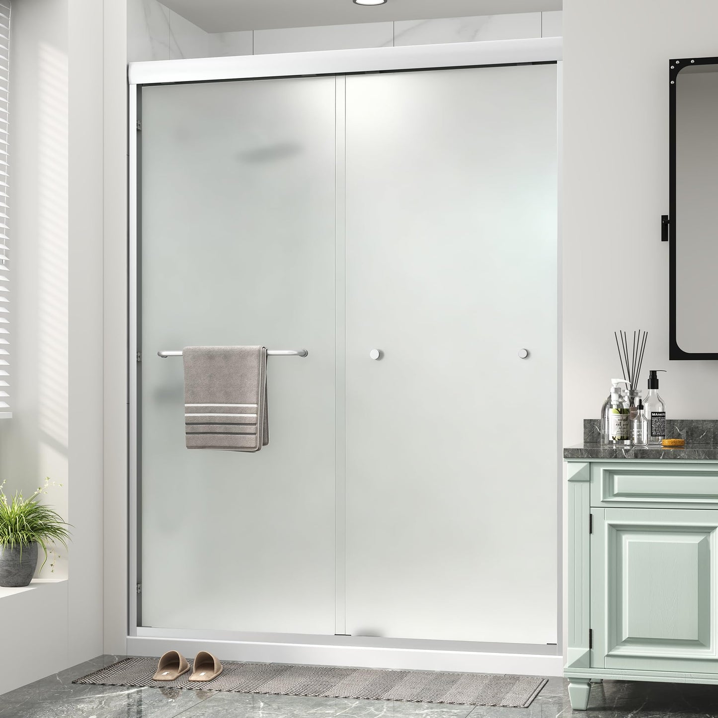 Double Sliding Shower Door 49"-54" W x 72" H with Nano Anti-Explosion Safety Film, 1/4" (6mm) Frosted Ultra-Clear Tempered Glass Semi-Frameless Bypass Shower Glass Doors,Brushed Nickel