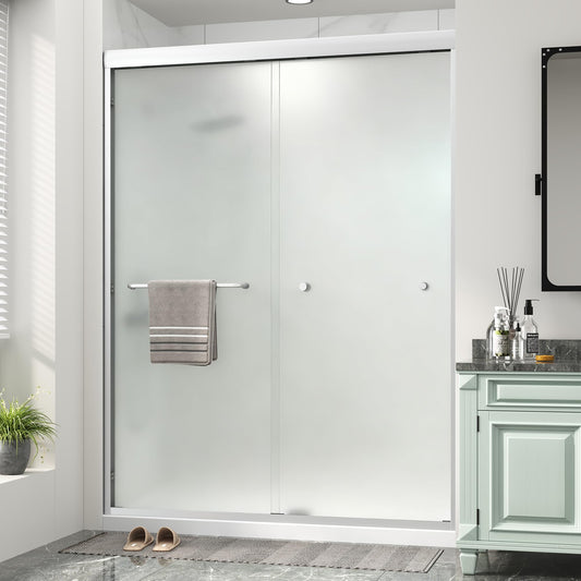 Double Sliding Shower Door 49"-54" W x 72" H with Nano Anti-Explosion Safety Film, 1/4" (6mm) Frosted Ultra-Clear Tempered Glass Semi-Frameless Bypass Shower Glass Doors,Brushed Nickel
