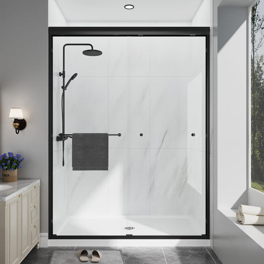 EASYWORC Double Sliding Shower Door, 43"-48" W x 70" H Semi-Frameless Glass Shower Door, 1/4'' (6mm) Clear SGCC Tempered Glass with Explosion-Proof Film and Nano Coating, Matte Black