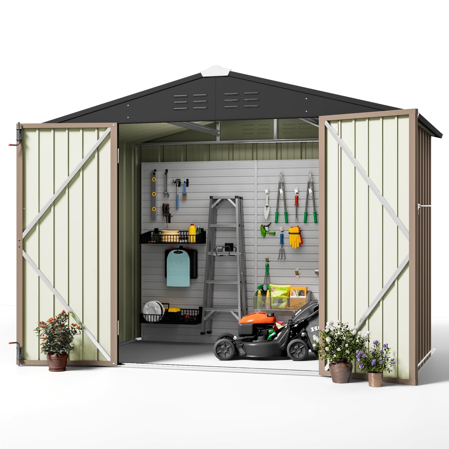 Greesum 8x6FT Outdoor Storage Shed, Utility Tool Shed with Sloping Roof, Metal Storaged Garden Shed with Door & Lock for Patio Storage, Brown